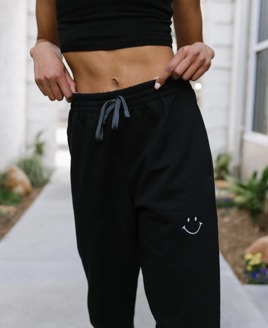 Basically Happy Black Smiley Face Sweatpants