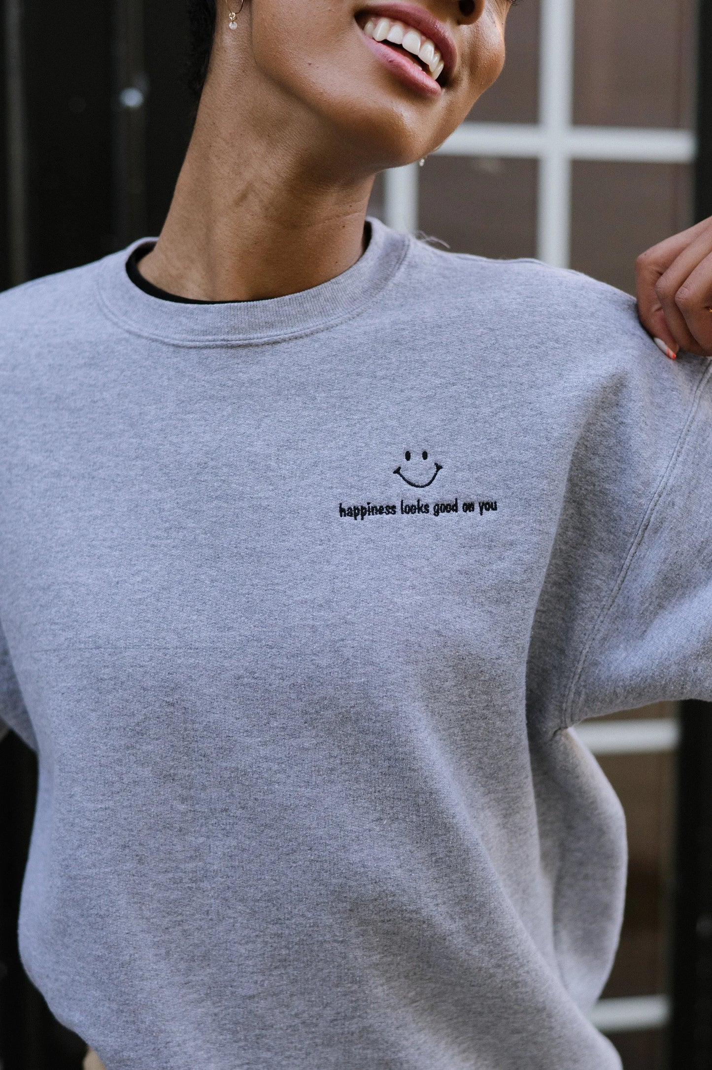 Happiness Looks Good On You Black and Gray Smiley Face Crewneck