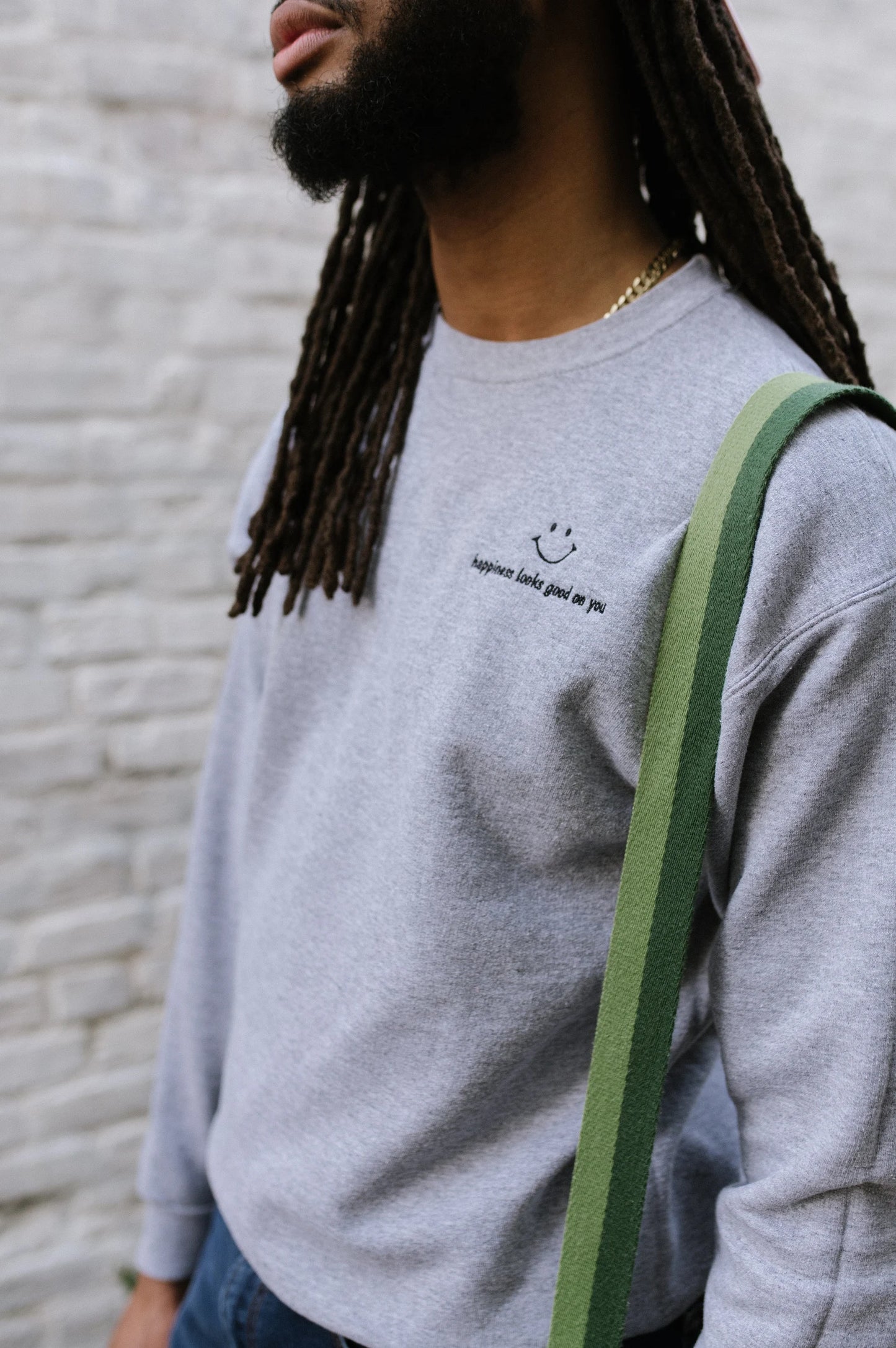 Happiness Looks Good On You Black and Gray Smiley Face Crewneck